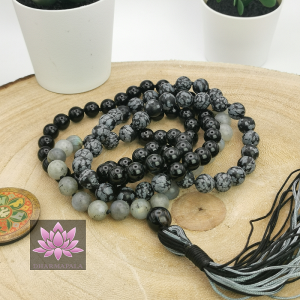 ~ Sinnesschärfer-Mala ~ (mit Schneeflockenobsidian, Labradorit & Achat)
